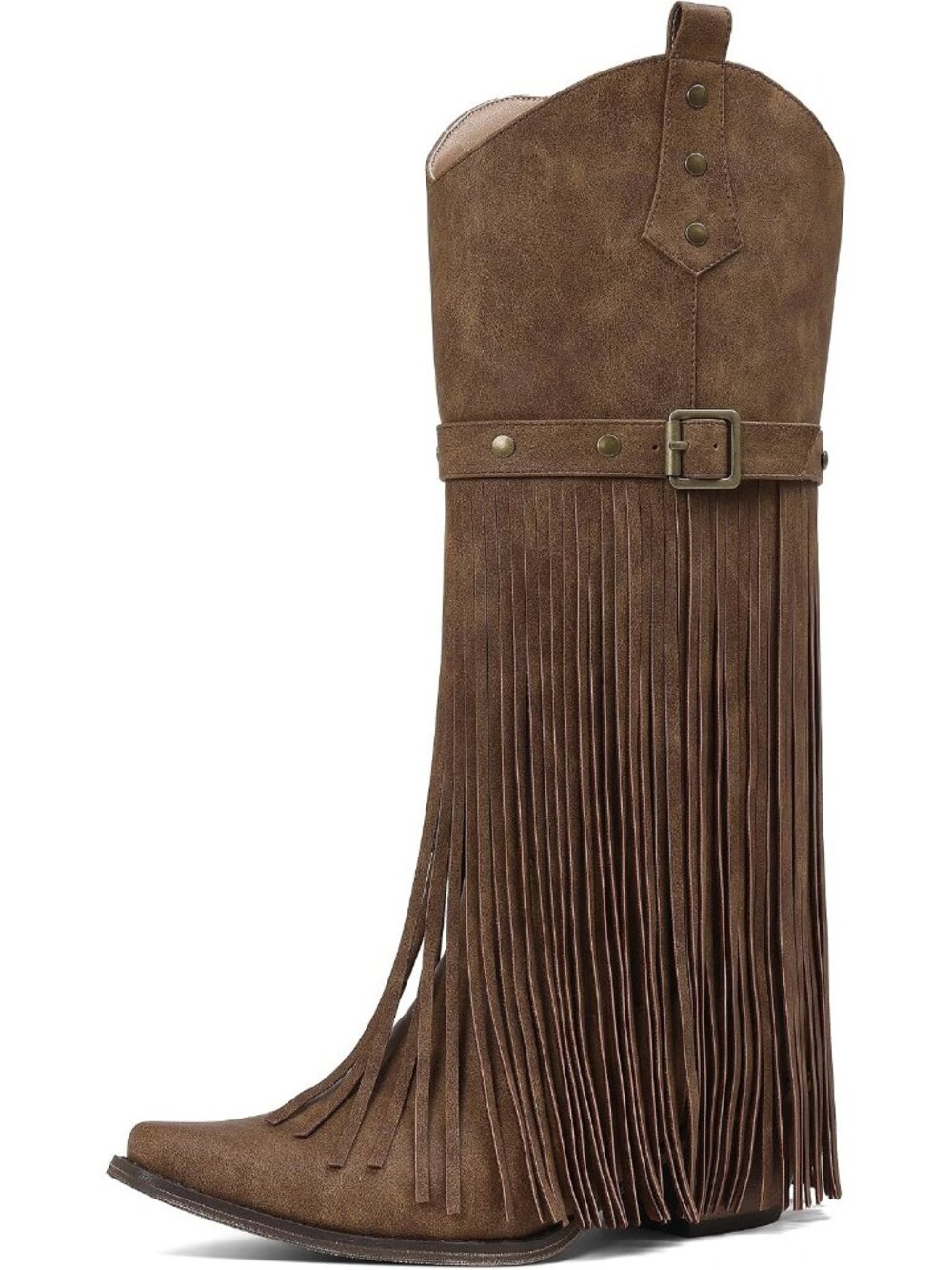 Women's Light Brown Pointed Toe Pull On Block Chunky Heel Embroider Cowgirl Boot